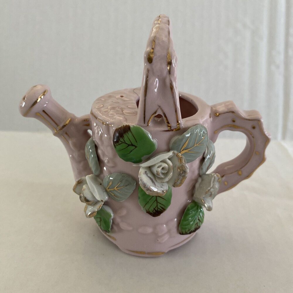 5” China Glass Watering Can, Pink Floral, Miniature Vase, Trinket Bowel